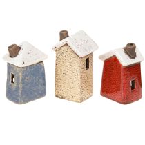 Artikel Keramikhäuschen Adventsdeko Creme Rot Grau 8,5/9,5cm 3 St - Weihnachtliche Keramik-Dekoration