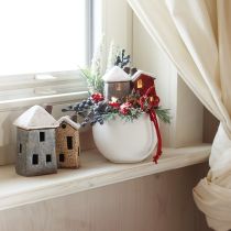 Keramikhäuschen Adventsdeko Creme Rot Grau 8,5/9,5cm 3 St - Weihnachtliche Keramik-Dekoration
