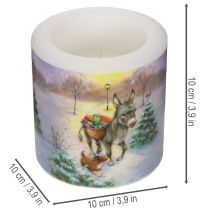 Artikel Stumpenkerze aus Wachs mit Winterlandschaftsmotiv, Esel und Hund, 10 cm, weiß
