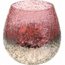 Glaswindlicht, Teelichthalter, Tischdeko, Kerzenglas Rosa/Silbern Ø15cm H15cm