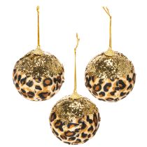 Artikel Weihnachtskugel Kunststoff Leopard Muster Gold Glitzer 7cm 3er Set