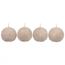 Kugelkerzen 8 cm Runde Kerzen Beige Schneeball Glitter 4St