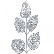Kunstpflanzen, Zweig Deko, Deko Blatt Silbern Glitter L36cm 10St