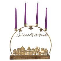 Artikel Lichterbogen Stadtsilhouette Gold aus Metall und Holz mit Weihnachtskerzenhaltern H43cm