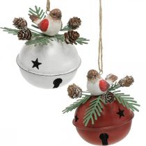 Glocken mit Rotkehlchen, Vogeldeko, Winter, Deko-Glocken für Weihnachten Weiß/Rot Ø9cm H10cm 2er-Set