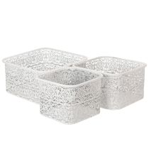 Artikel Metallschalen Spitzenmuster, Dekogefäß Eckig, Shabby Chic, Weiß 27/23/19cm H13,5cm 3er-Set