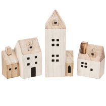 Mini Weihnachtsdorf Holz Deko - Handgefertigt, Skandi Stil, Set aus 6 Häusern