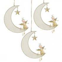 Adventsdeko, Engel auf Mond, Holzdeko zum Hängen Weiß, Golden H14,5cm B21,5cm 3St
