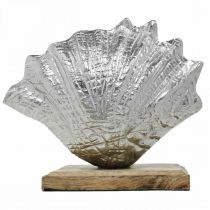Artikel Muschel zum Aufstellen, Maritime Metalldeko mit Holzfuß Silbern, Natur 16×19cm