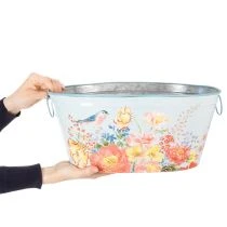 Artikel Pflanzschalen, Frühling, Pflanzkübel Blumen/Vögel, Metallgefäß oval L39/31/24,5cm 3er-Set