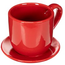 Artikel Keramik Pflanzgefäß Tasse mit Unterteller Rot 17cm