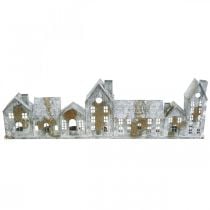 Häuser zum Beleuchten, Fensterdeko, Lichterhäuser Silbern, Metallwindlicht Antik-Look L67,5cm H20cm
