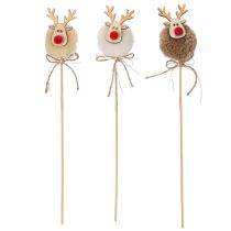 Artikel Dekostecker Rentierfigur aus Holz, Stoff und Pompom 24cm, Braun/Beige/Weiß, 12 Stück Innenbereich