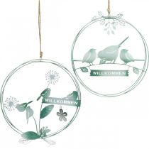 Vogeldeko zum Hängen, Willkommensschild, Metalldeko für den Frühling, Türschmuck Grün, Weiß Ø27cm 2er-Set
