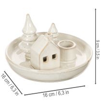 Artikel Deko-Kerzenhalter Keramik 16 cm rund mit Haus- und Baum-Motiv grauweiß