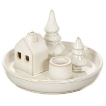 Artikel Deko-Kerzenhalter Keramik 16 cm rund mit Haus- und Baum-Motiv grauweiß