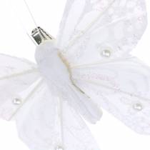 Federschmetterling auf Clip Weiß 10 cm 12 Stck