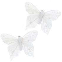 Federschmetterling auf Clip Weiß 10 cm 12 Stck