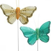 Schmetterling mit Glitter, Dekostecker, Federschmetterling Frühling Gelb, Türkis, Grün 4×6,5cm 24St