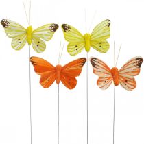 Deko-Schmetterlinge, Blumenstecker, Federschmetterling am Draht Gelb, Orange 4×6,5cm 12St