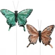 Deko-Schmetterlinge, Frühlingsdeko, Federschmetterlinge, Pflanzenstecker Grün, Braun 9,5×12,5cm 12St