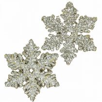 Artikel Schneeflocke Holz 4cm Hellgold mit Glimmer 72 St