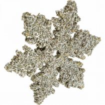 Artikel Schneeflocke Holz 4cm Hellgold mit Glimmer 72 St