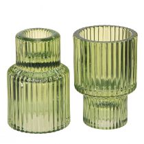 Artikel Glas Teelichthalter Grün Riffel-Optik für Stabkerzen & Teelichte, 8cm, 4er-Set
