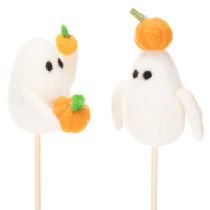 Artikel Geisterfiguren auf Holzstab 54cm Weiß Orange Halloween 8 Stück