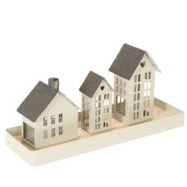 Artikel Lichthaus Set aus Metall mit 3 Häusern auf Tablett, Grau, 35 cm