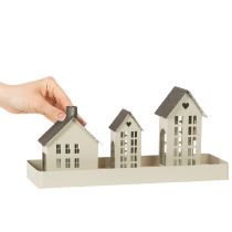 Artikel Lichthaus Set aus Metall mit 3 Häusern auf Tablett, Grau, 35 cm