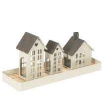 Artikel Lichthaus Set aus Metall mit 3 Häusern auf Tablett, Grau, 35 cm