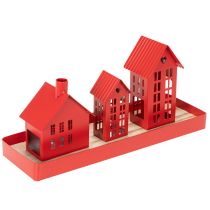 Artikel Metall Windlicht Häuser Set Rot mit Tablett 35 cm 1 Set