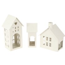 Artikel Mini-Teelichthalter Häuser-Set aus Metall, 15 cm Weiß