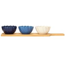 Artikel Tapas Schalen Set auf Bambus Tablett Blau Weiß 40×10cm