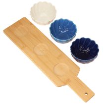 Artikel Tapas Schalen Set auf Bambus Tablett Blau Weiß 40×10cm