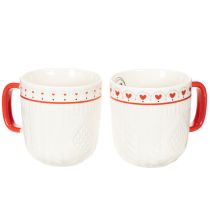 Artikel Kaffeetassen aus Keramik 9cm Rot-Weiß Strickmuster Herzmotiv 2er-Set