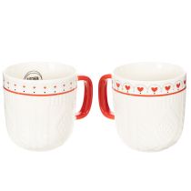 Artikel Kaffeetassen aus Keramik 9cm Rot-Weiß Strickmuster Herzmotiv 2er-Set