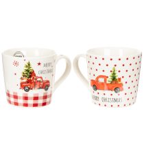Artikel Keramiktassen Weiß Rot mit Auto- und Baum-Motiv 10cm 2-teilig