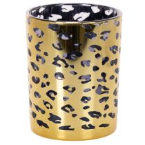 Artikel Windlicht aus Glas, Leopardenmuster, 12 cm hoch, goldfarben, für Tischdekoration