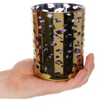 Artikel Windlicht aus Glas, Leopardenmuster, 12 cm hoch, goldfarben, für Tischdekoration