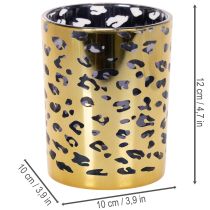 Artikel Windlicht aus Glas, Leopardenmuster, 12 cm hoch, goldfarben, für Tischdekoration