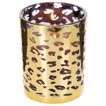Artikel Windlicht aus Glas, Leopardenmuster, 12 cm hoch, goldfarben, für Tischdekoration