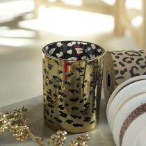 Artikel Windlicht aus Glas, Leopardenmuster, 12 cm hoch, goldfarben, für Tischdekoration