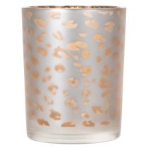 Artikel Teelichthalter Glas 12cm Leopardenmuster Silber-Gold