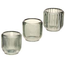 Artikel Teelichthalter Glas Grau Rillen Dekor 8cm Vintage-Stil 6er Set