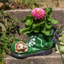 Übertopf Deko, grüner Schuh mit Igel, Keramik 14x13cm H13cm