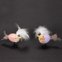 Artikel Deko Holzvögel mit Federn in Lila und Rosa für Tisch- und Frühjahrsdekoration, 10 cm, 6er-Set