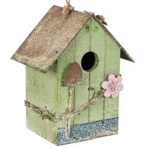 Artikel Charmantes Vogelhaus aus Holz mit Blumenverzierung in Grün, 19 cm – Romantische Gartendeko
