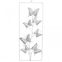 Schmetterlingsdeko zum Hängen, Frühling, Wandschmuck aus Metall, Shabby Chic Weiß, Silbern H47,5cm